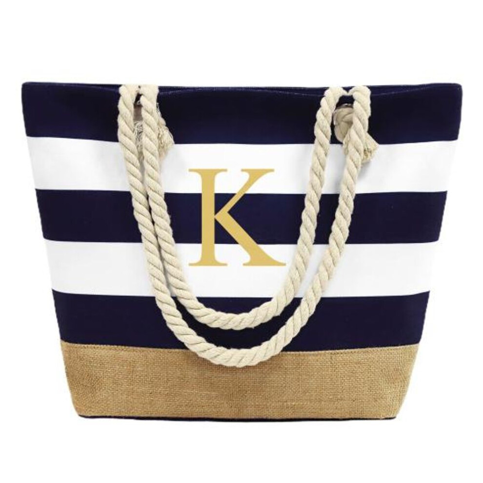 (blue, K) Travel Tote Bag Colorblock Striped Letter Print Zipper Closure Multi Pockets Large Capacity Shopping Beach Grocery