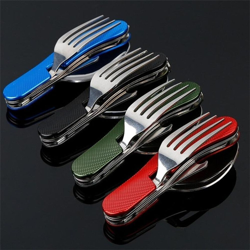 (red) Multifunction 4 In 1 Outdoor Tableware Camping Stainless Steel Folding Pocket Kits