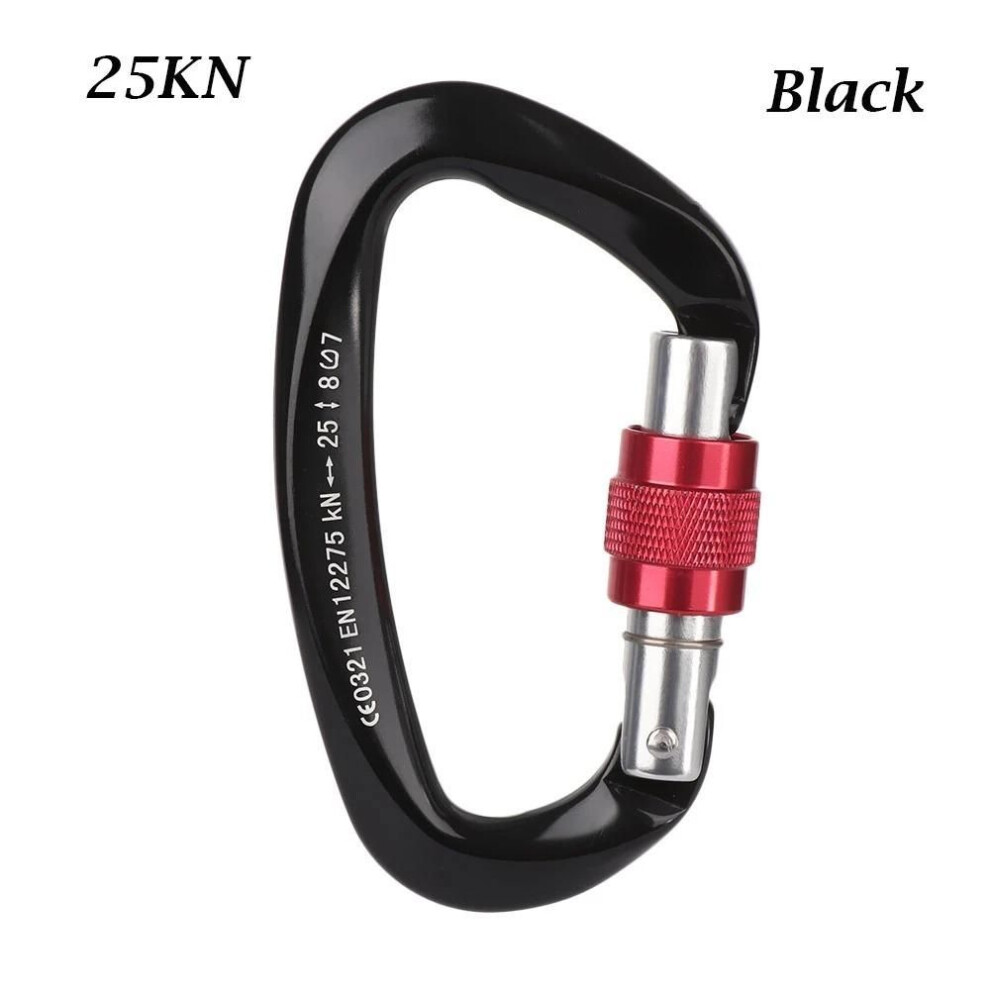 (black) D-shape 25kn Carabiner Buckle Safety Screw Lock Spring-loaded Gate Aluminum Outdoor Camping Hook Kits.