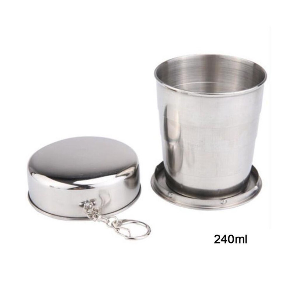 (silver, L) Stainless Steel Camping Folding Cup With Keychain Traveling Outdoor Hiking Portable Cup