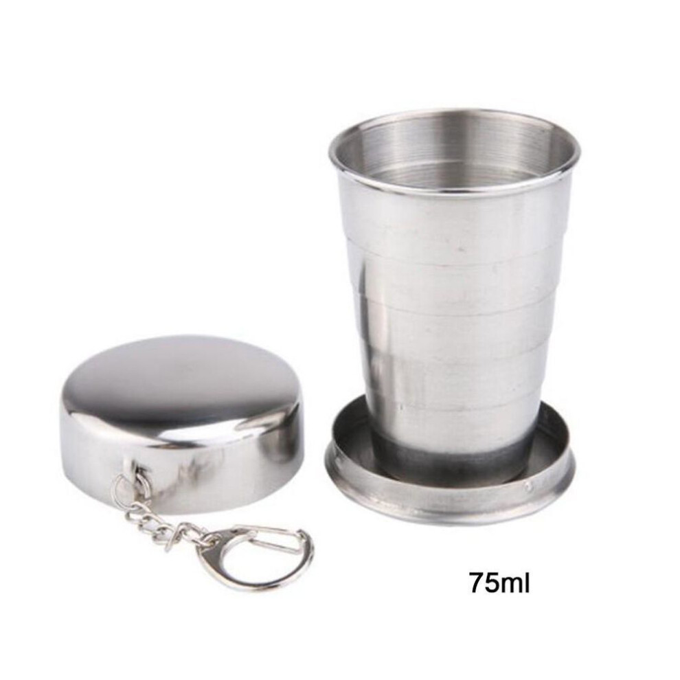 (silver, S) Stainless Steel Camping Folding Cup With Keychain Traveling Outdoor Hiking Portable Cup