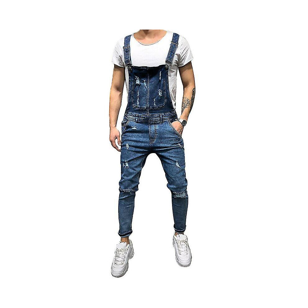 (Dark Xl) Men Suspender Ripped Jeans Pants Denim Dungarees Overalls Bib And Brace Work Wear Trousers Blue