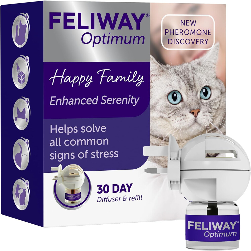 Feliway Optimum 30 Day Cat Calming Plug In Pheromone Diffuser With 48Ml Refill - Helps Solve All Common Signs Of Stress In Cats & Kittens