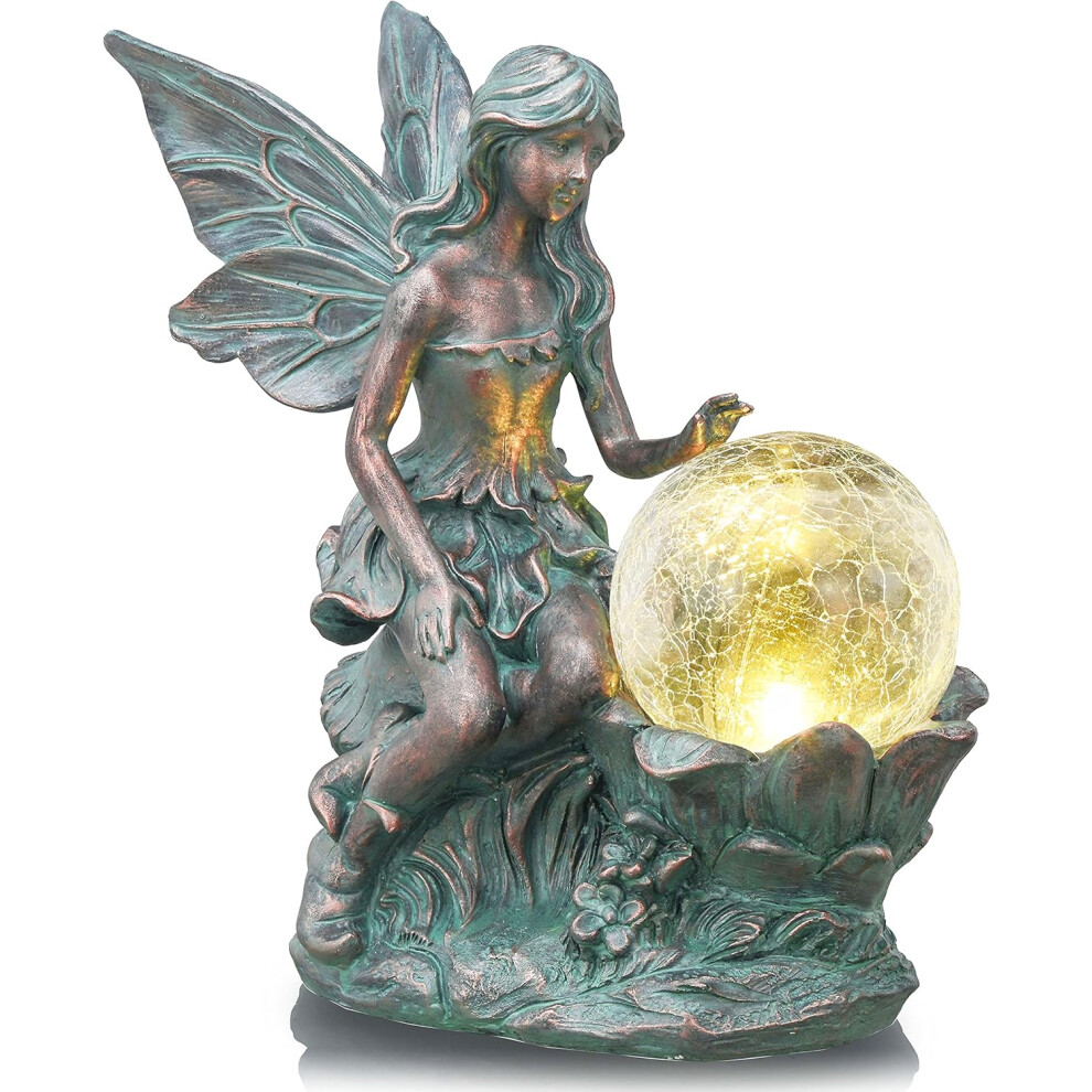 Garden Ornaments Outdoor, Sitting Bronze Fairy Garden Statues with Solar Crack Glass Ball, Waterproof Resin Fairy Ornaments, Indoor Outdoor 30CM