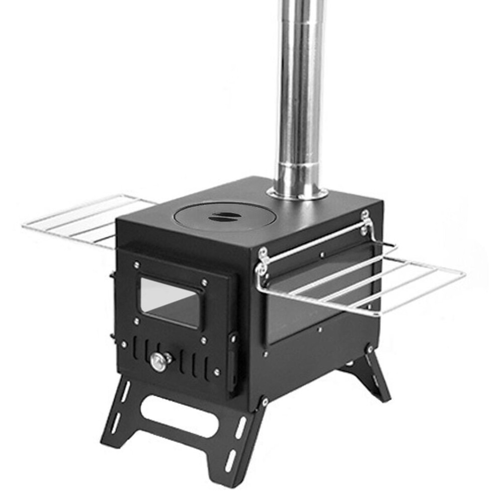 (black, Double side window) Outdoor Camping Wood-burning Stove Firewood Burner  Stainless Steel Foldable Heater With Tent Fire