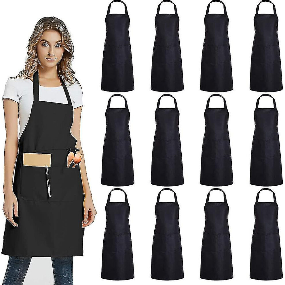 (As show, One size) 12 Pack Plain Bib Aprons With 2 Pockets - Black Unisex Commercial Apron Bulk