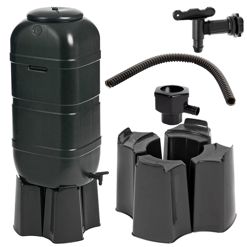 100L Black Water Butt Kit Complete with Stand, Lid & Diverter
