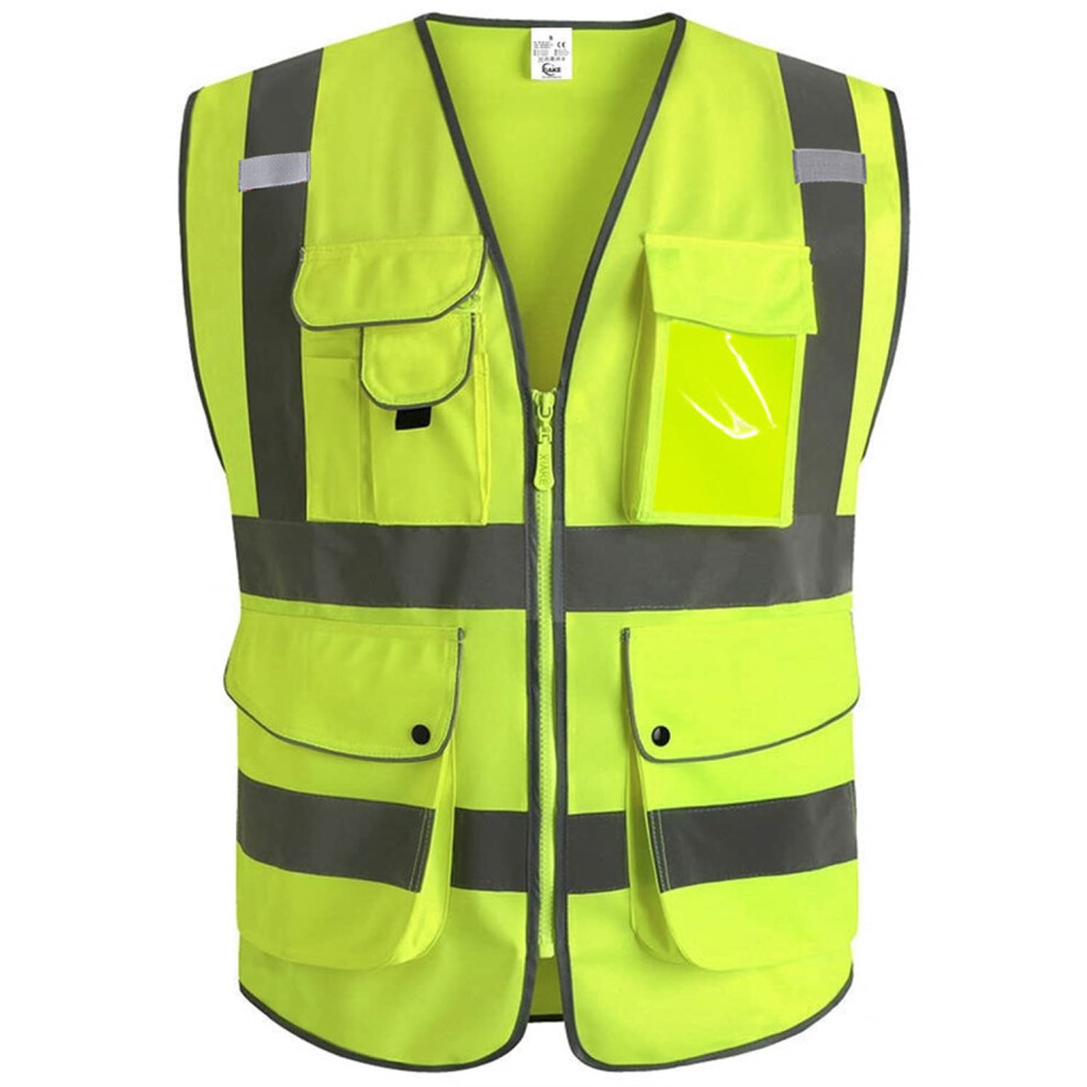 Xiake Gilet Di Sicurezza Con 9 Tasche, Classe 2, Gilet Ad Alta Visibilità, Con Cerniera Frontale - Giallo, Medio-image