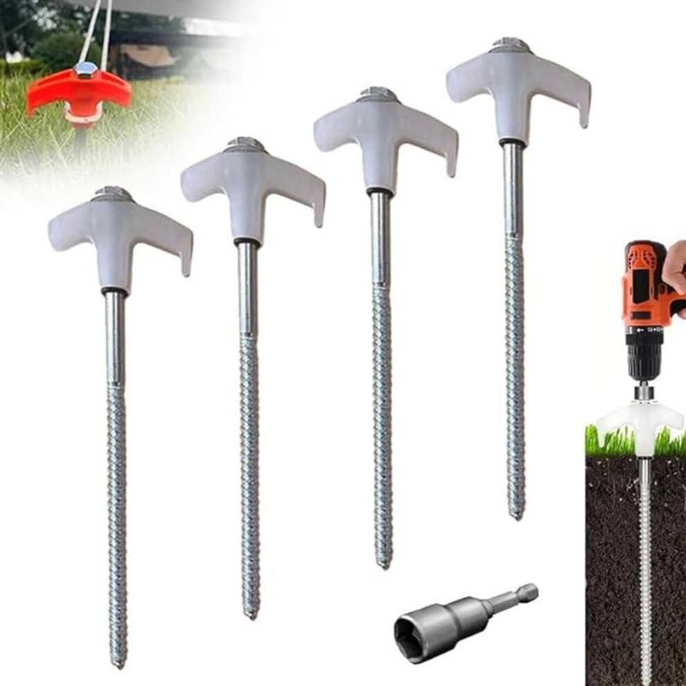 (white) 8" Screw In Tent Stakes - Ground Anchors Screw In, Drillable Tent Stakes, Heavy Duty Metal Stake Ground Anchor Peg Threaded Tent Spikes