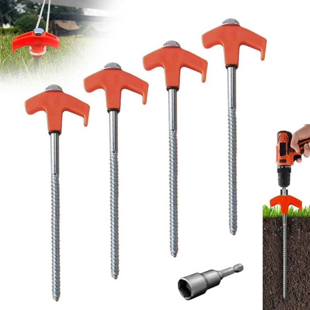 (orange) 8" Screw In Tent Stakes - Ground Anchors Screw In, Drillable Tent Stakes, Heavy Duty Metal Stake Ground Anchor Peg Threaded Tent Spikes