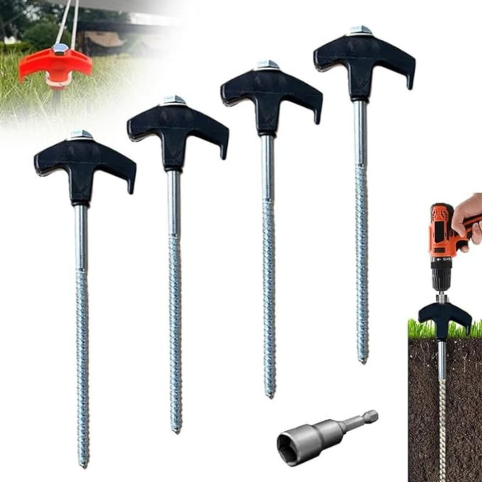 (black) 8" Screw In Tent Stakes - Ground Anchors Screw In, Drillable Tent Stakes, Heavy Duty Metal Stake Ground Anchor Peg Threaded Tent Spikes