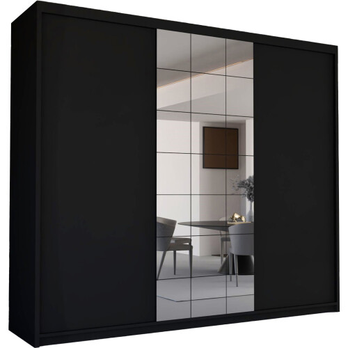 MN Furniture Triple Door Sliding Mirror Wardrobe Black 250cm