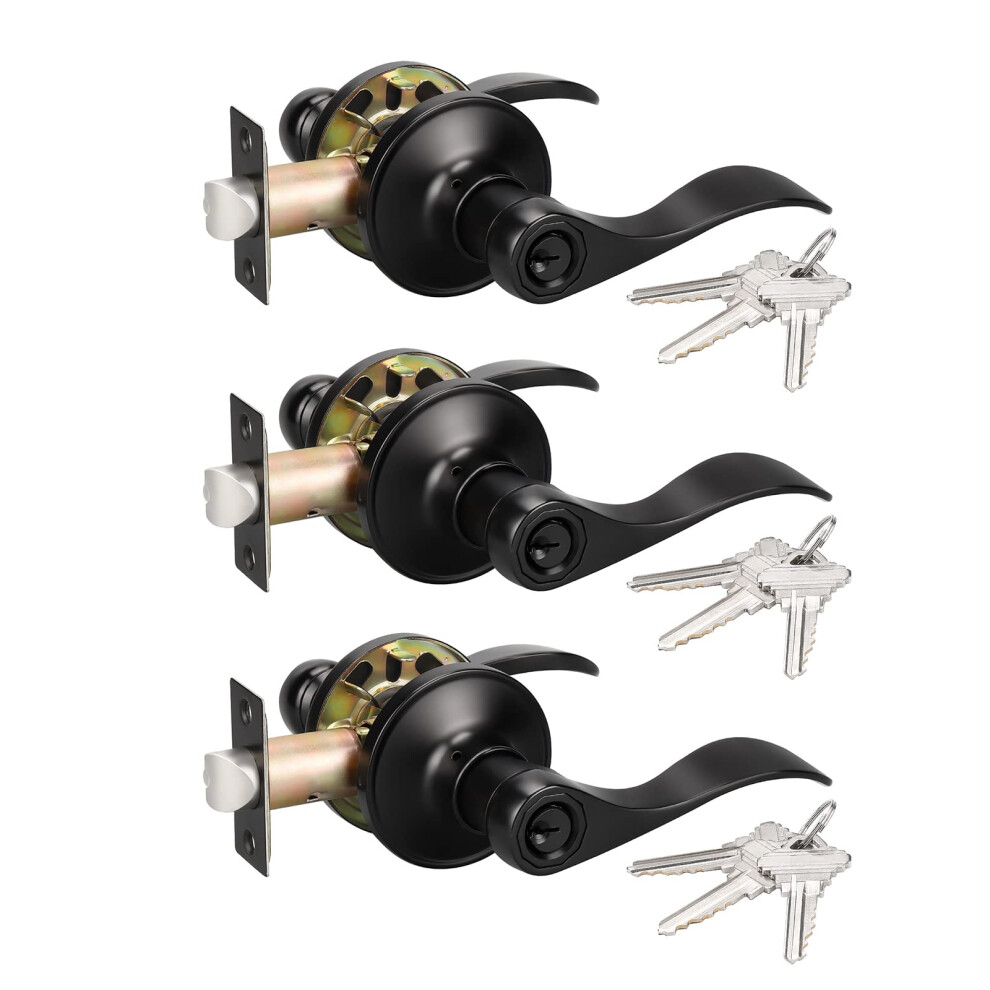 Knobwell 3 Pack Matte Black Door Handle With Lock And Key Wave Style Lever Keyed Entry Door Lock Door Lever Front Door Leverset Lockset Keyed Alike/Co 717332812705