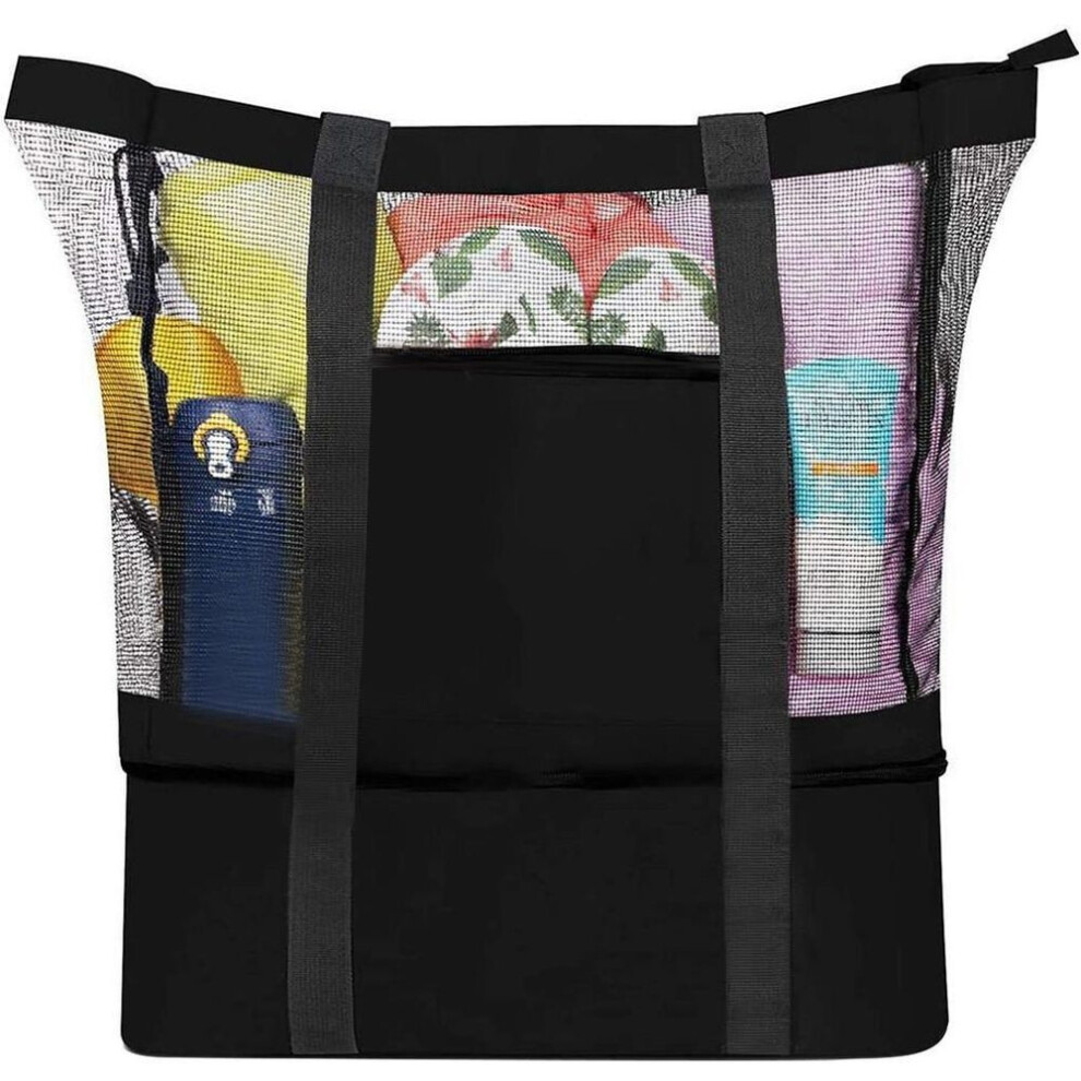 (black, 40CM*8cm*5cm*3cm) Outdoor Camping Beach Mesh Tote Bag With Detachable Cooler Bag Packing Organizer