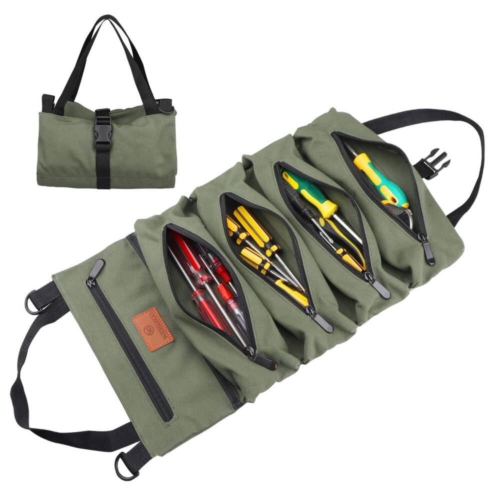 Wessleco Tool Roll Up Pouch Tool Roll 16Oz Canvas Multipurpose Wrench Roll Up Bag Tool Roll Organizer 5 Zipper Tool Pockets 789964522505