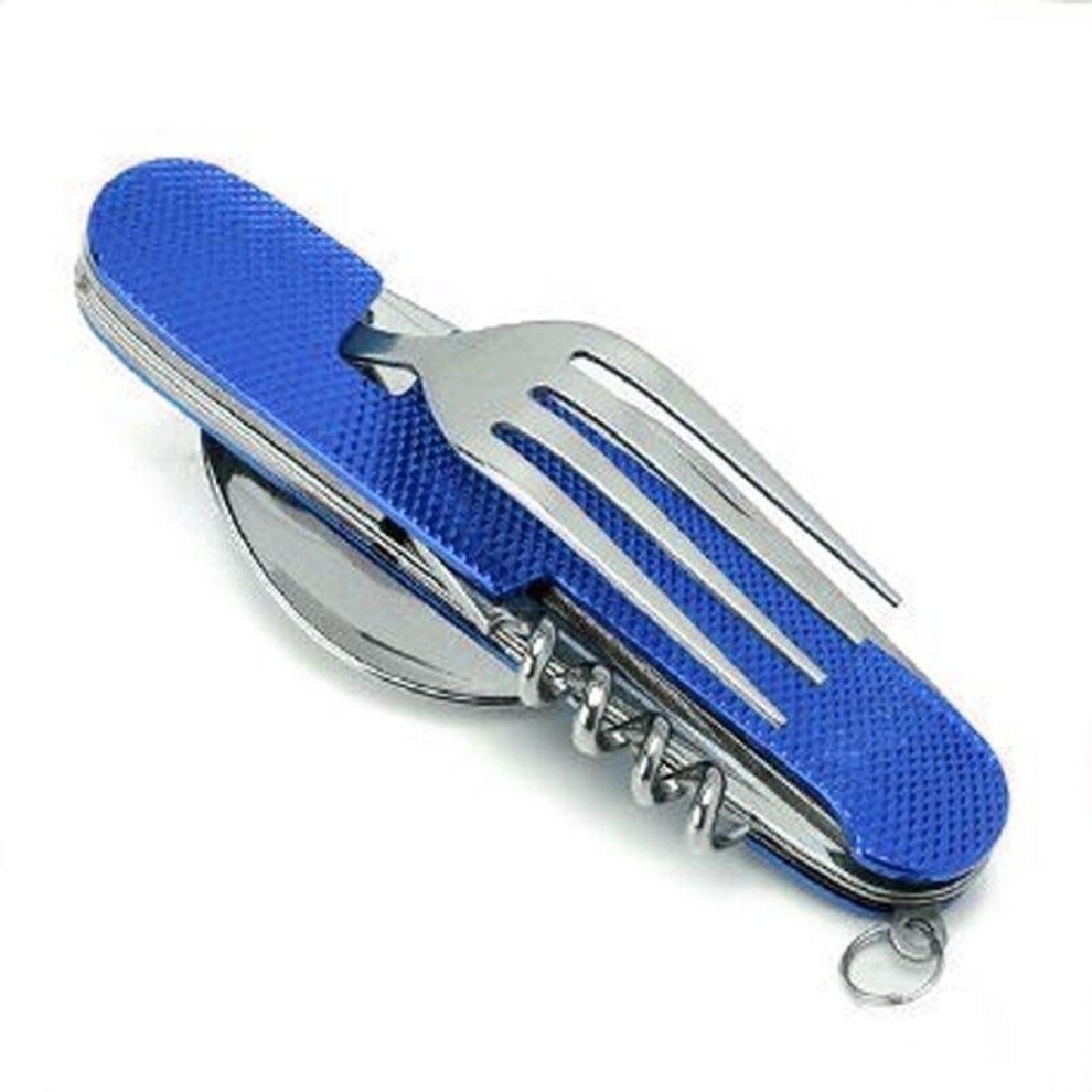 (blue) 1pc Foldable Tableware Knife Spoon Fork 4-in-1 Tablespoon Stainless Steel Bottle Opener Outdoor Camping Fruit Knife Folding Knife