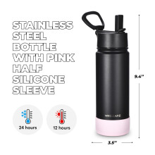 HYDRATE Bottles Black Stainless Steel Water Bottle with Pink Half Silicone Sleeve -750ml