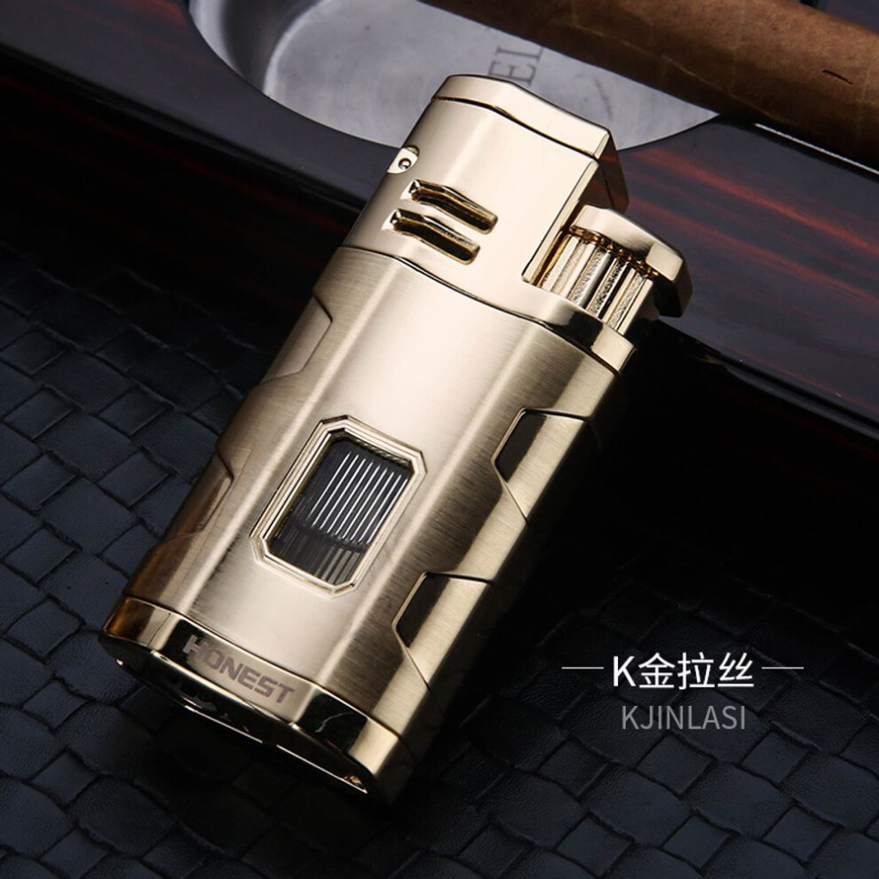 Yeuligo Blue Personality And Versatility Three Straight Fire Gas Lighters Metal With Cigar Drill View Transom Gift Wholesale