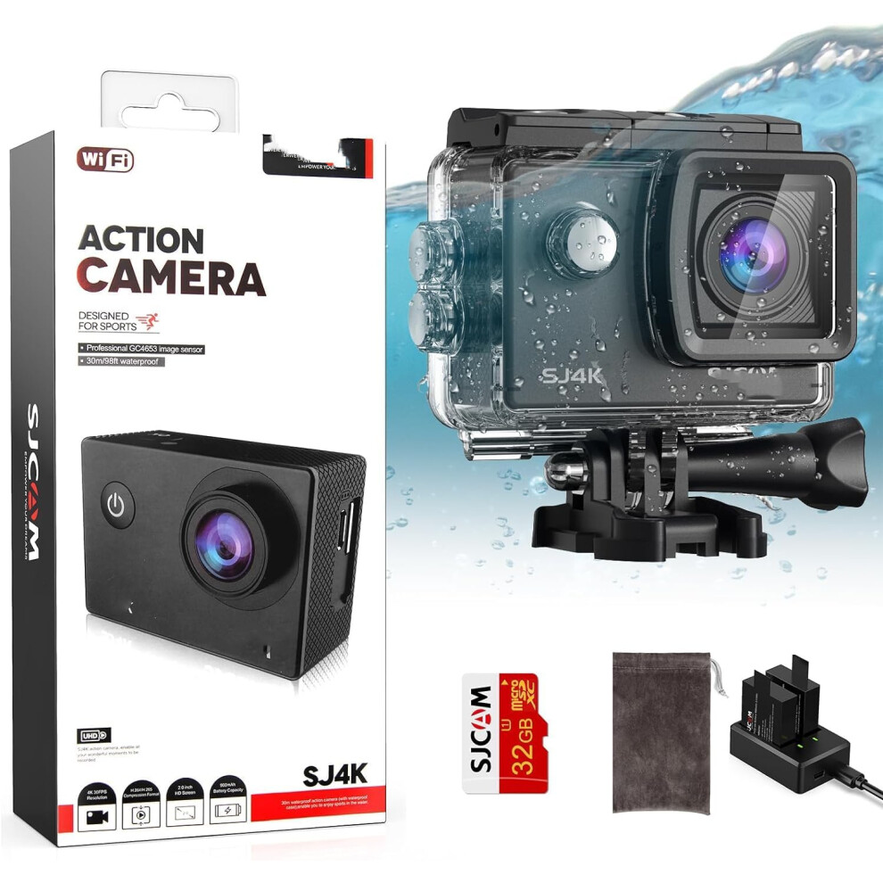 (SJ4K) 98FT/30M Underwater Waterproof Camera with 40MP UHD image, EIS Stabilization, 170FOV 5X Digital Zoom with 2 Batteries, Helmet Mount Accessories Kits