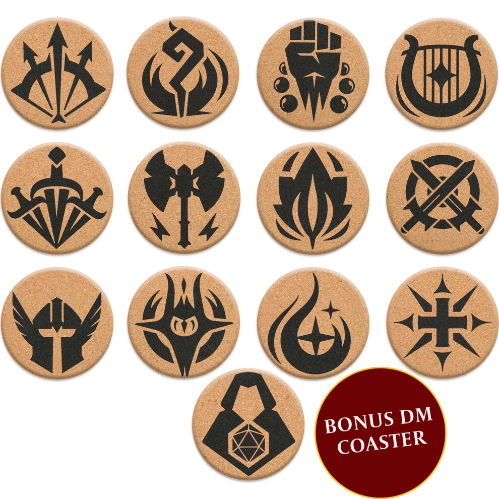 HQ Cork DND Coasters  Set of 12 Class 1 DM Icon Coasters  Great Nerdy Gift for DD Players  Gamers  DM  Men or Women Dungeon