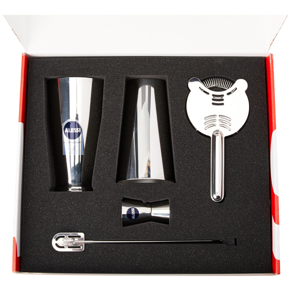 Alessi 5050SET I Lunar Eclipse Set Composed of: American or Boston Shaker  bar Strainer  Stirrer and Cocktail Measure in 18/10 Stainless Steel  One Si
