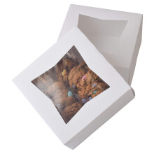 Biela pek rensk krabica 15 cm x 15 cm x 7,5 cm | Automatick otv ranie | Mal krabicky na kol ce s okienkom | Balenie po 20 kusoch
