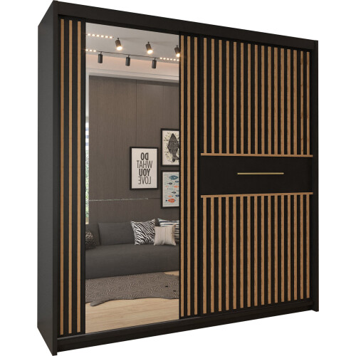 MN Furniture Sliding Mirror Wardrobe Shelves Black/Votan 203cm