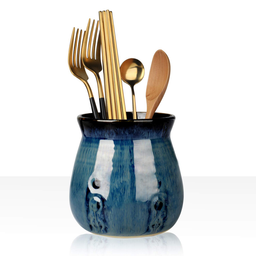 HAOTOP Ceramic Utensil Holder Porcelain Utensil Crock Easy to Clean - 30oz (Gradient Blue)-image-OPC-PFWBPDS-NEW