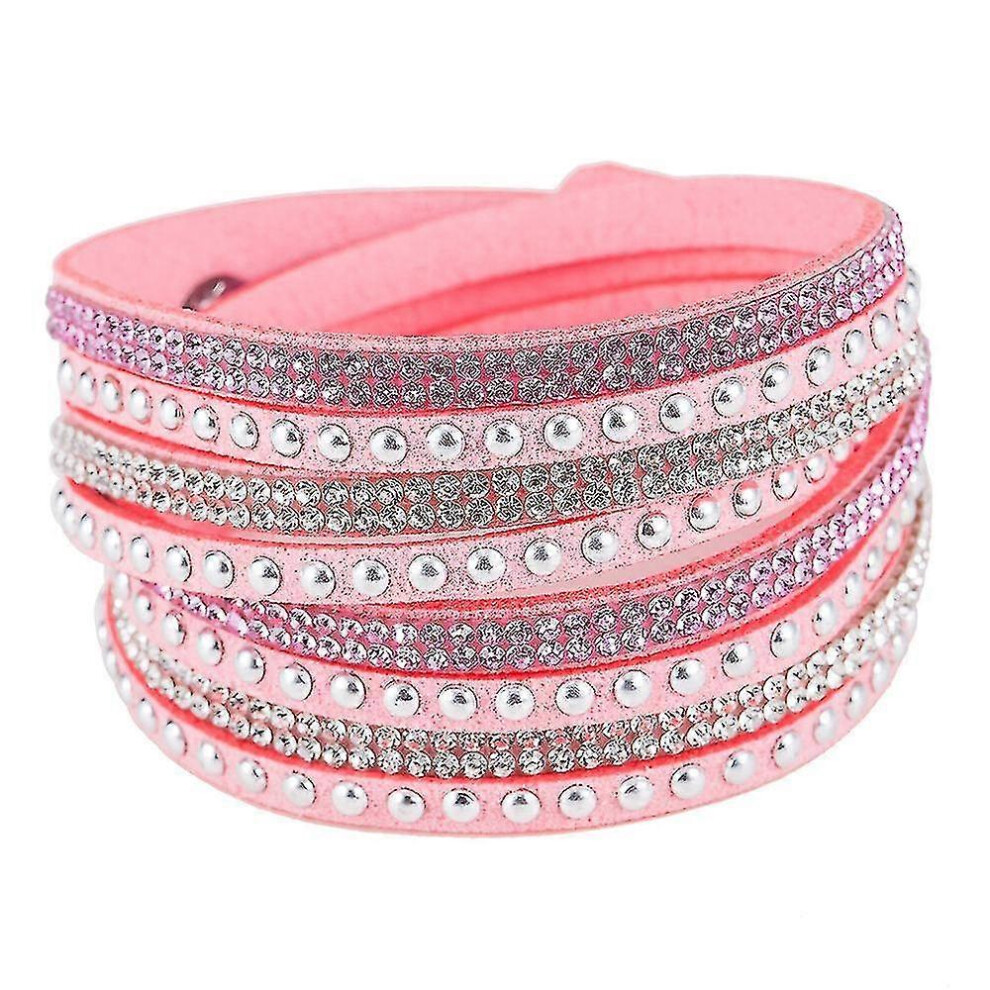 Wrap Leather Bracelet with Bling Bling Crystal Rhinestones And Snap Buttons (pink)