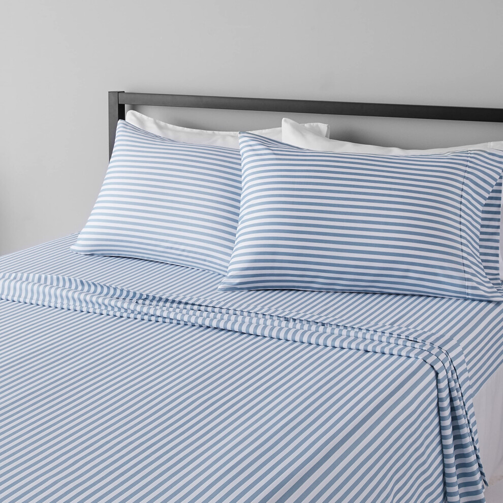 Amazon Basics Lightweight Super Soft Easy Care Microfiber 4 Piece Bed Sheet Set with 14-Inch Deep Pockets  Queen  Dusty Blue Pinstripe  Striped