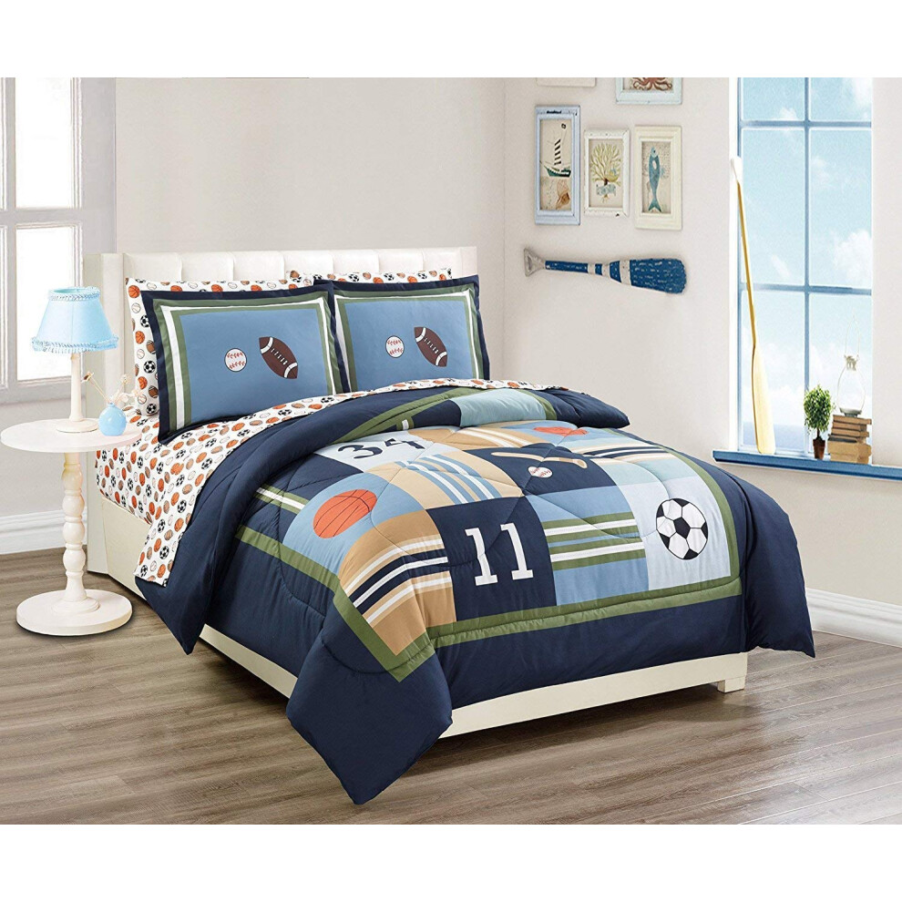 Parure de lit 7 pi   ces avec housse de couette pour gar   on, motif sport multicolore, basket-ball, baseball, football, lit dans un sac avec drap