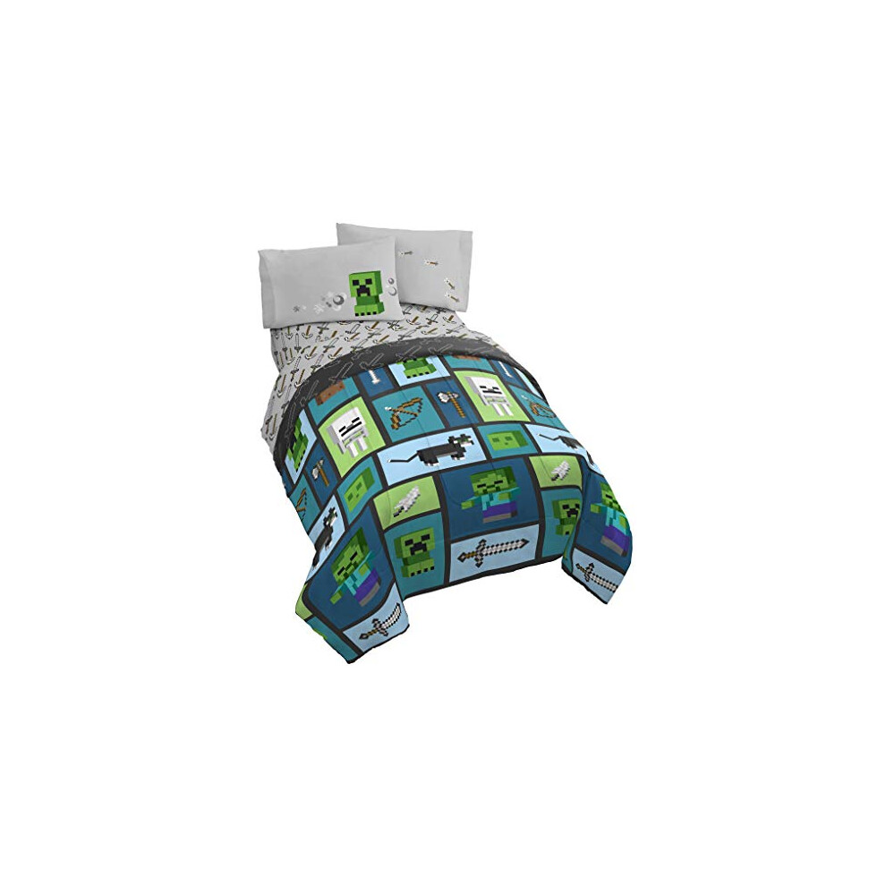 Jay Franco Minecraft Chibi College 4-Teiliges Doppelbett-Set – Inklusive Wendbarer Bettdecke Und Bettlaken-Set – BettwäSche Mit Creeper Und Geist-image