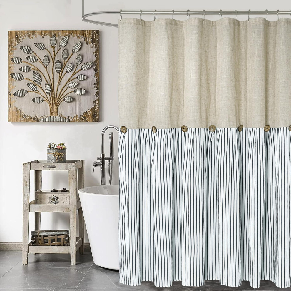 Rideau de douche de style ferme DOSLY ID?ES,     rayures beiges et bleues, en lin et coton tiss   , style rustique et chic, 183 x 198 cm