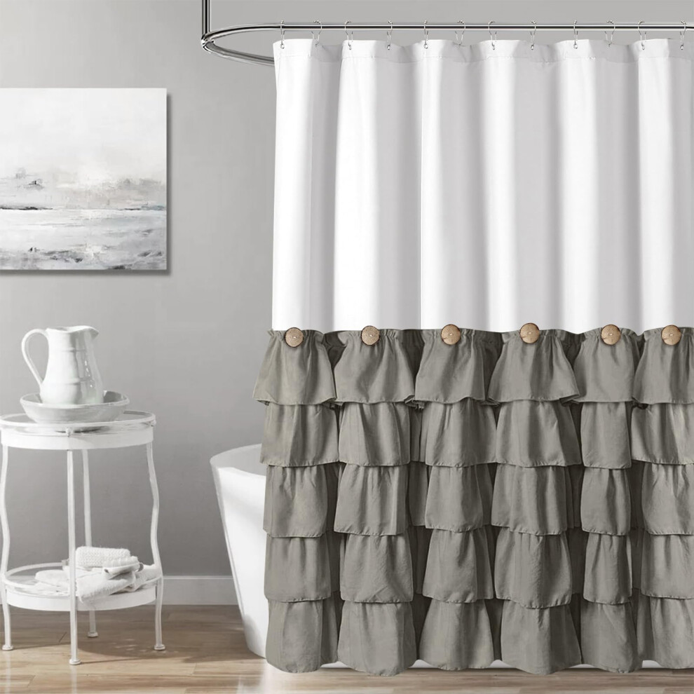 Tenda Da Doccia Seasonwood Bianca E Grigia 72 X 72 Con Bottoni Nature Tenda Da Doccia Shabby Chic Stile Francese Moderno Fattoria-image