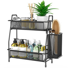 THENNIKIGO Organisateur de salle de bain avec panier Plateau de salle de bain 2 niveaux pour comptoir de rangement, organisateur de comptoir de