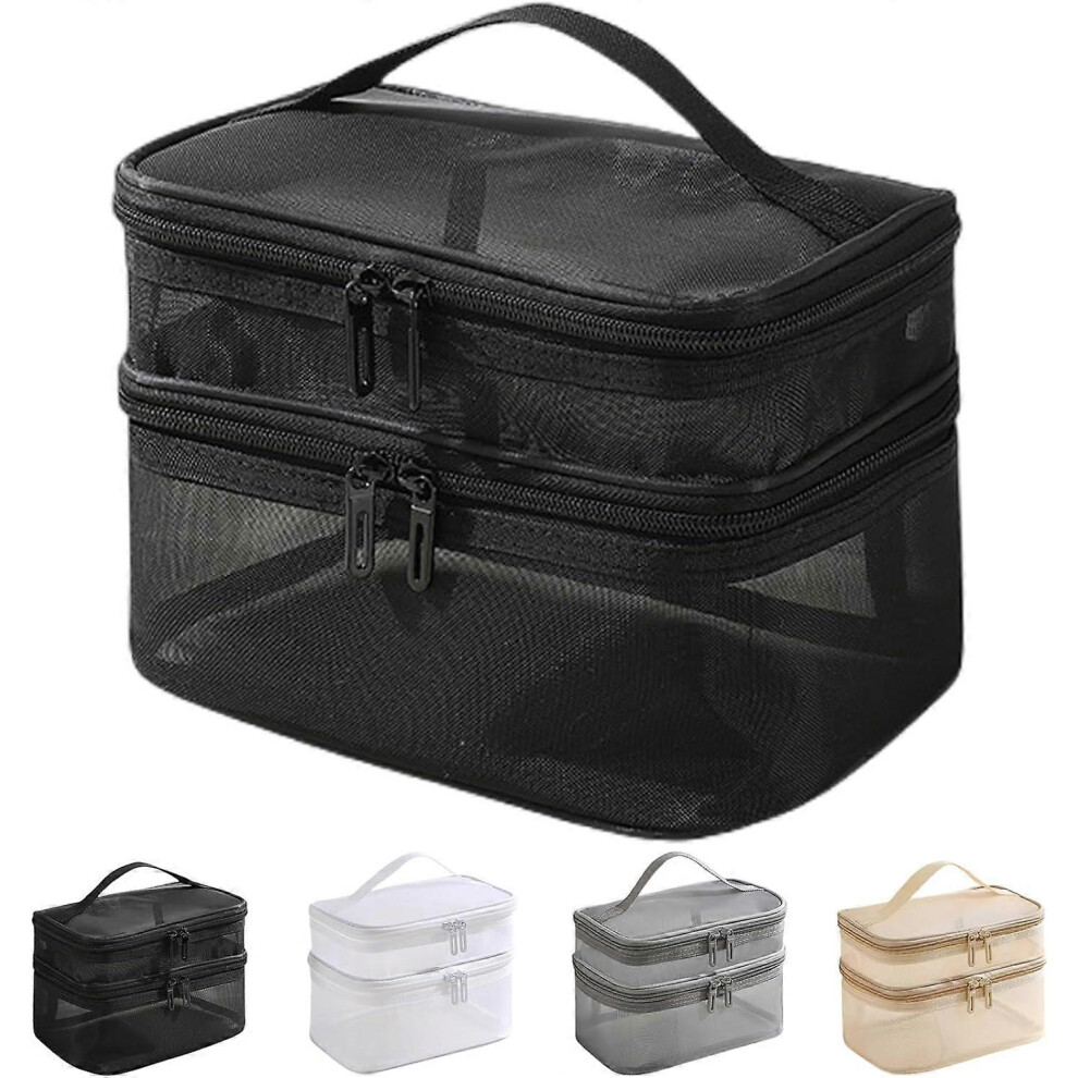Double Layer Big Makeup Bag Travel Cosmetic Case Makeup Organizer Bag Portable Skin Care Toiletry Bag (black)