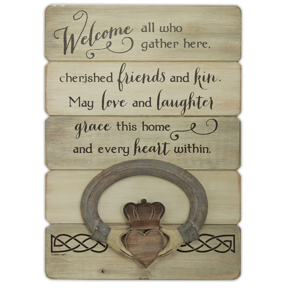 Plaque murale de bienvenue irlandaise Claddagh de couleur kaki tan (cadeau de l'abbaye et de la Californie) 10"" x 14"" x 1"" pouces