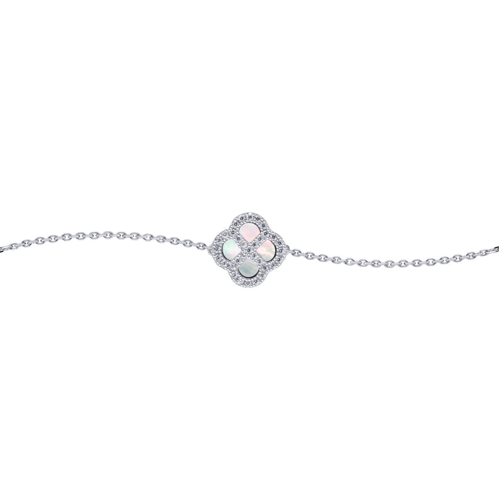 Jewelco London Sterling Silver CZ Mother of Pearl Clover Kiss Lucky Charm Bracelet 6-7.5" - 8-29-2672