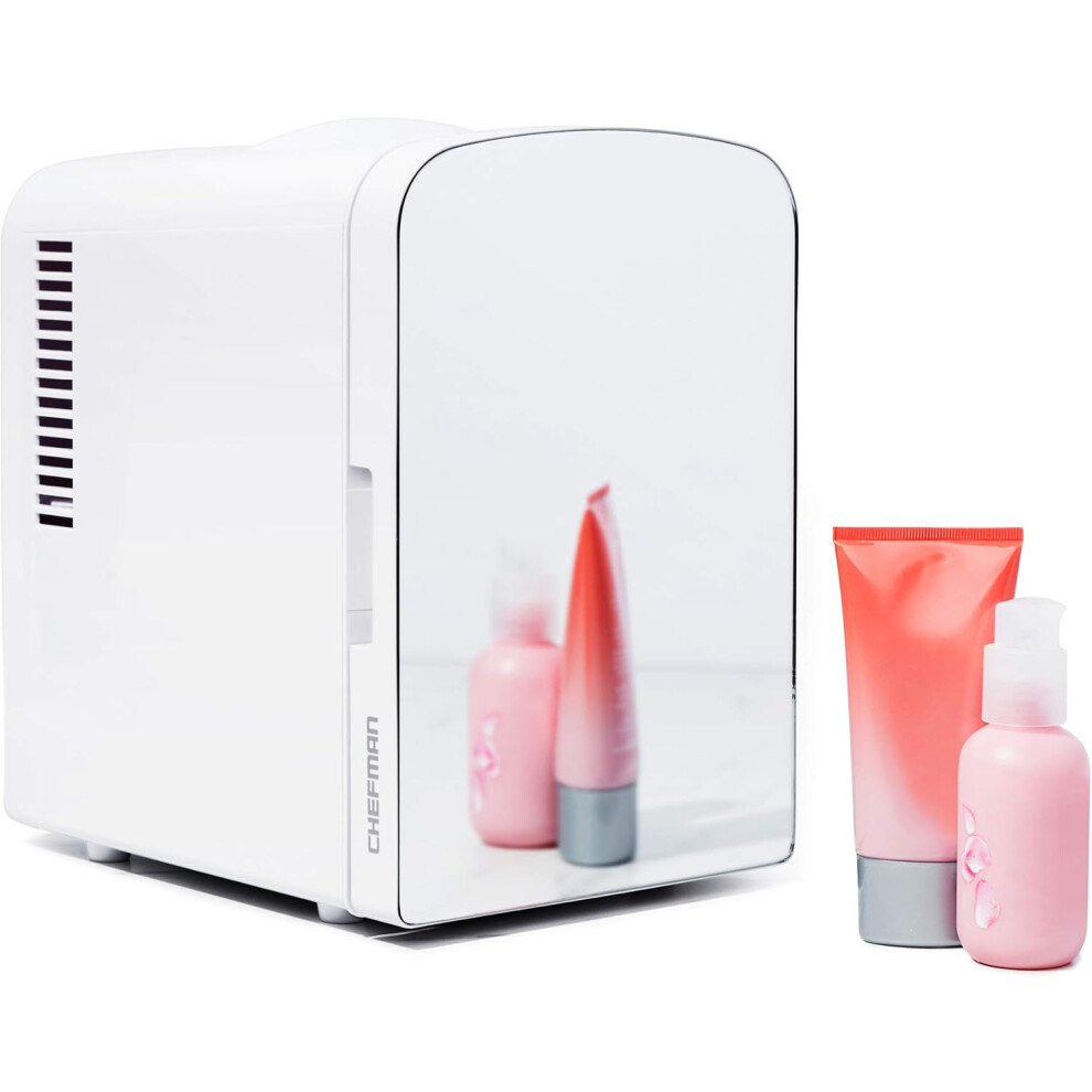 (Mirrored White, U.K. Version) Portable Mirrored Personal Fridge 4 Litre Mini Refrigerator, Skin Care, Makeup Storage