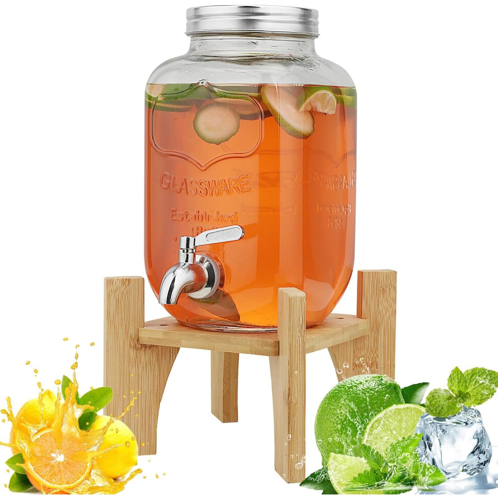 (8L Glass with bamboo stand) 8L Glass Drink Dispenser with Cover Wide Mouth Iced Drink Jar with Tap Iron Holder