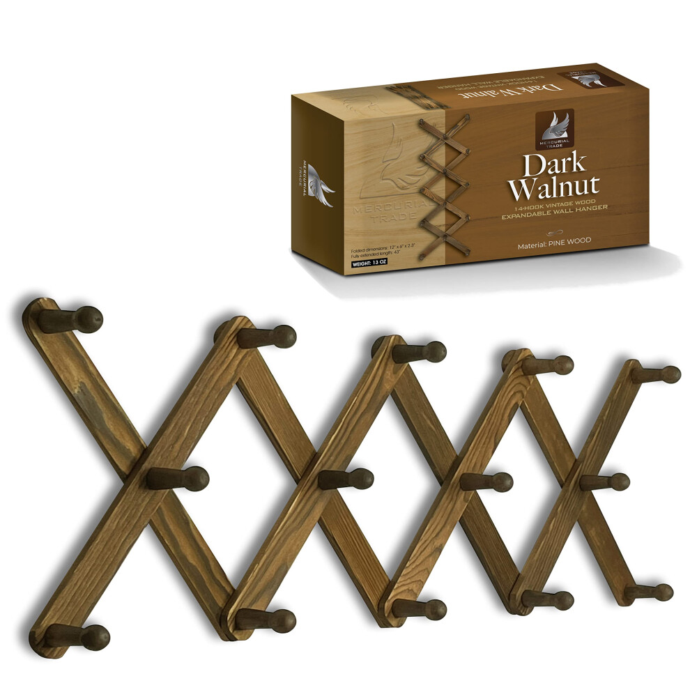 Mercurial Trade Expandable Wooden Coat Rack Hanger - Accordion Wall Mounted Pine Wood Hooks - Hand Made Vintage Expending Pegs - Hang Coat  Jacket  Ha