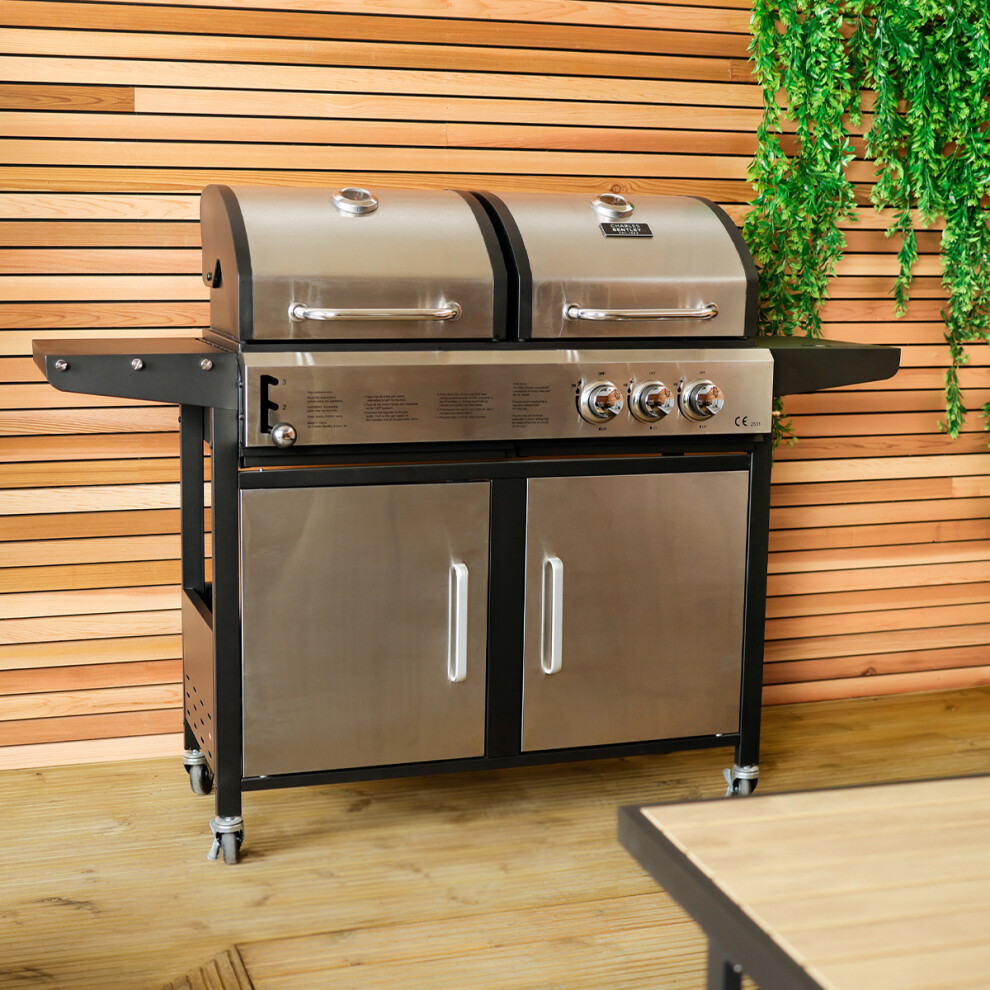 CHARLES BENTLEY Dual Fuel 2+1 Burner Gas Grill & Charcoal Grill BBQ With Thermometer, Fire Box, Control Panel, Charcoal Tray, Warming Rack, Garden,
