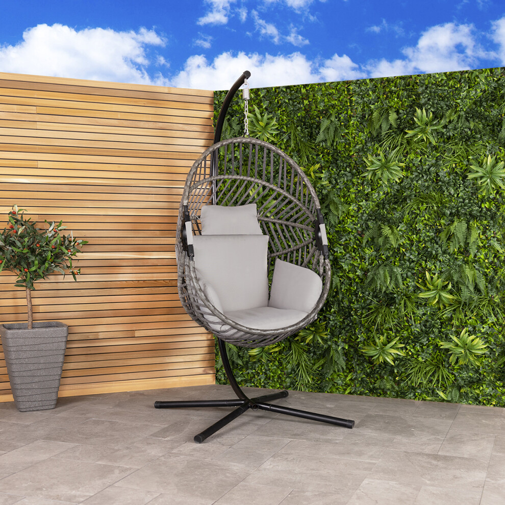 Charles Bentley Egg Shaped Garden Swing Chair Freestanding Hanging Egg Seat Cushions H203 x D126 x W126cm Grey