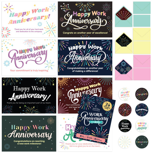 Decorably Work Cards with Envelopes & Stickers - 24 Pack Happy Work An