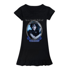 (Black, 7-8Y) Wednesday Addams Printed Nightdress Kids Girls The Addams Family Sleep Dress Short Sleeve Summer Crew Neck Loose Dresses