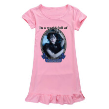 (Pink, 9-10Y) Wednesday Addams Printed Nightdress Kids Girls The Addams Family Sleep Dress Short Sleeve Summer Crew Neck Loose Dresses