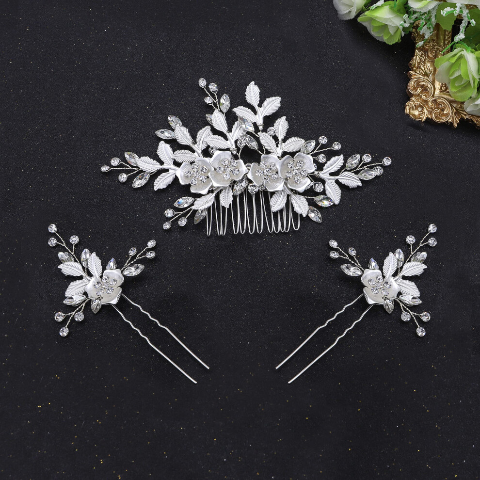 Peignes à Cheveux LatéRaux Oriamour Avec 2 éPingles à Cheveux Accessoires De Cheveux De MariéE Ensemble De Coiffes De Mariage (Argent)-image