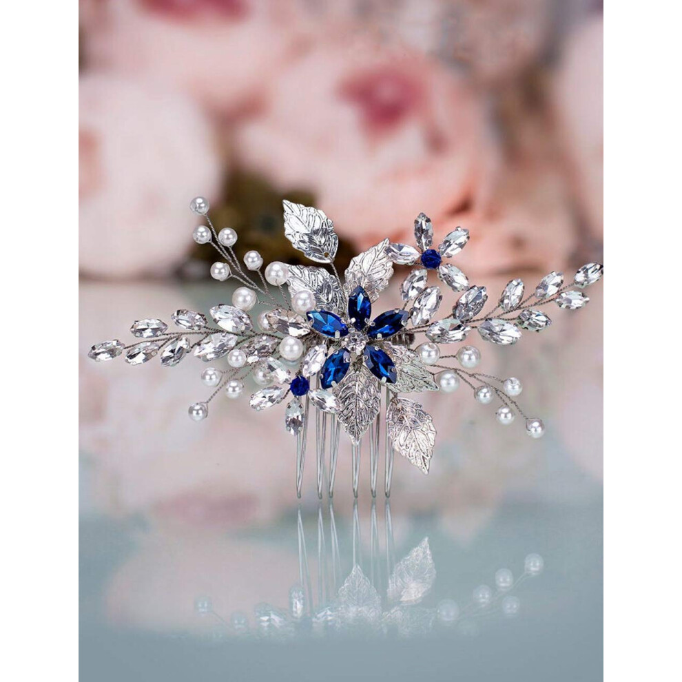 Peigne à cheveux en cristal saphir de mariée Aimimier Perle Cristal bleu Feuille Marquise Accessoire de cheveux Bal Fête Festival Mariage