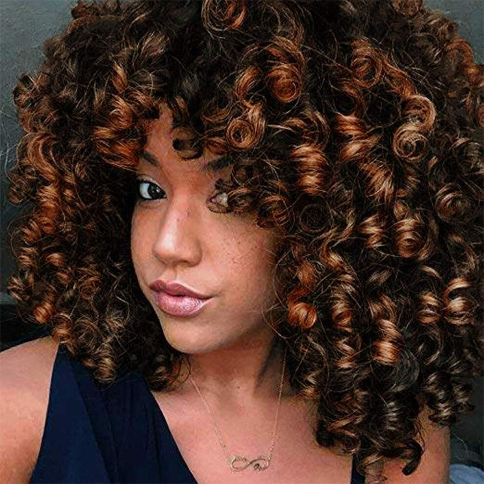 Rosmile Unisex Black,Brown Curly Wigs For Black Women Ombre Brown Synthetic African American Full Kinky Curly Afro Hair Wig With Bangs
