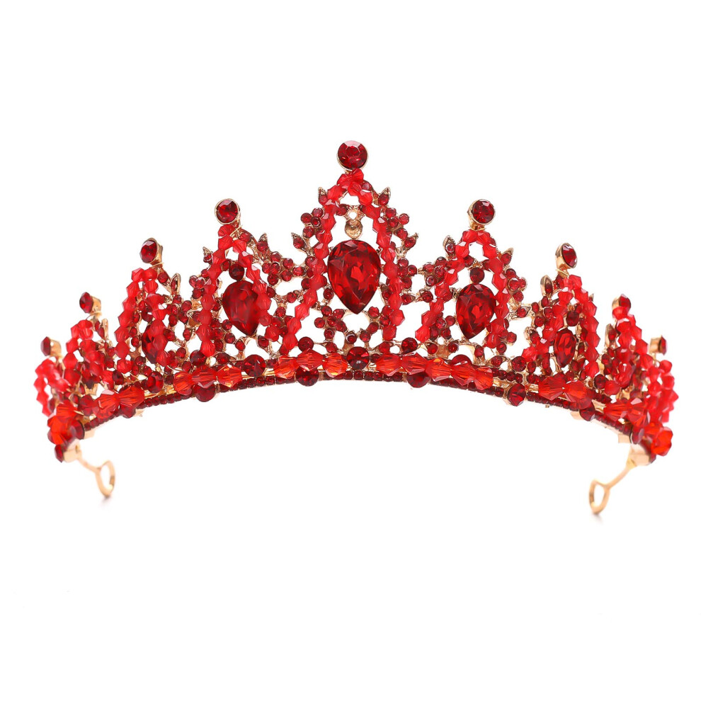 Forseven Crystal Wedding Crown Rhinestone Headband Princess Birthday Party Tiaras Bridal Wedding Accessories Red